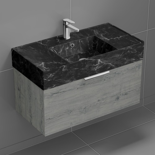 Nameeks DERIN964 Wall Mounted Bathroom Vanity With Black Marble Design Sink, Modern, 32 Inch, Grey Oak